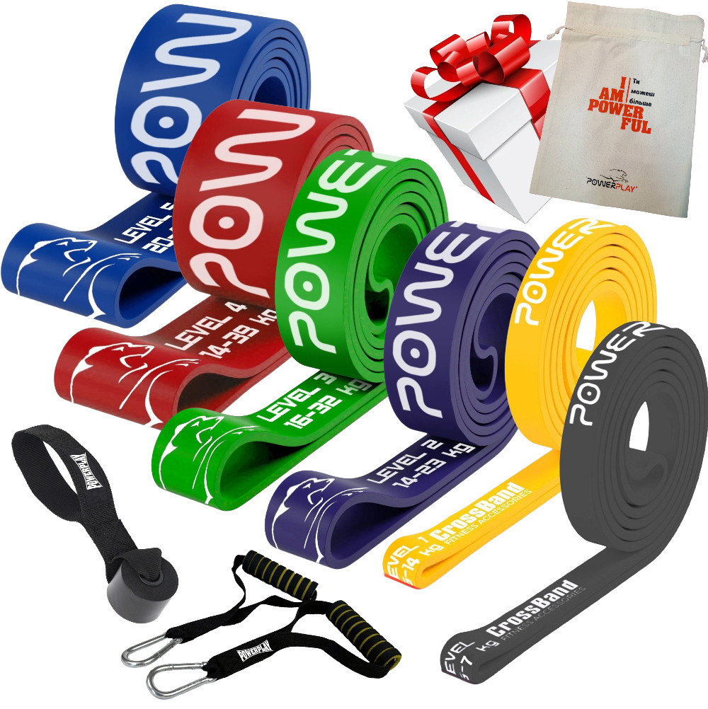 Еспандер-петля (гумові петлі) PowerPlay PP_0028 набір 6шт. опір 2-45кг. (сумарно 160кг.) + ручки та якір