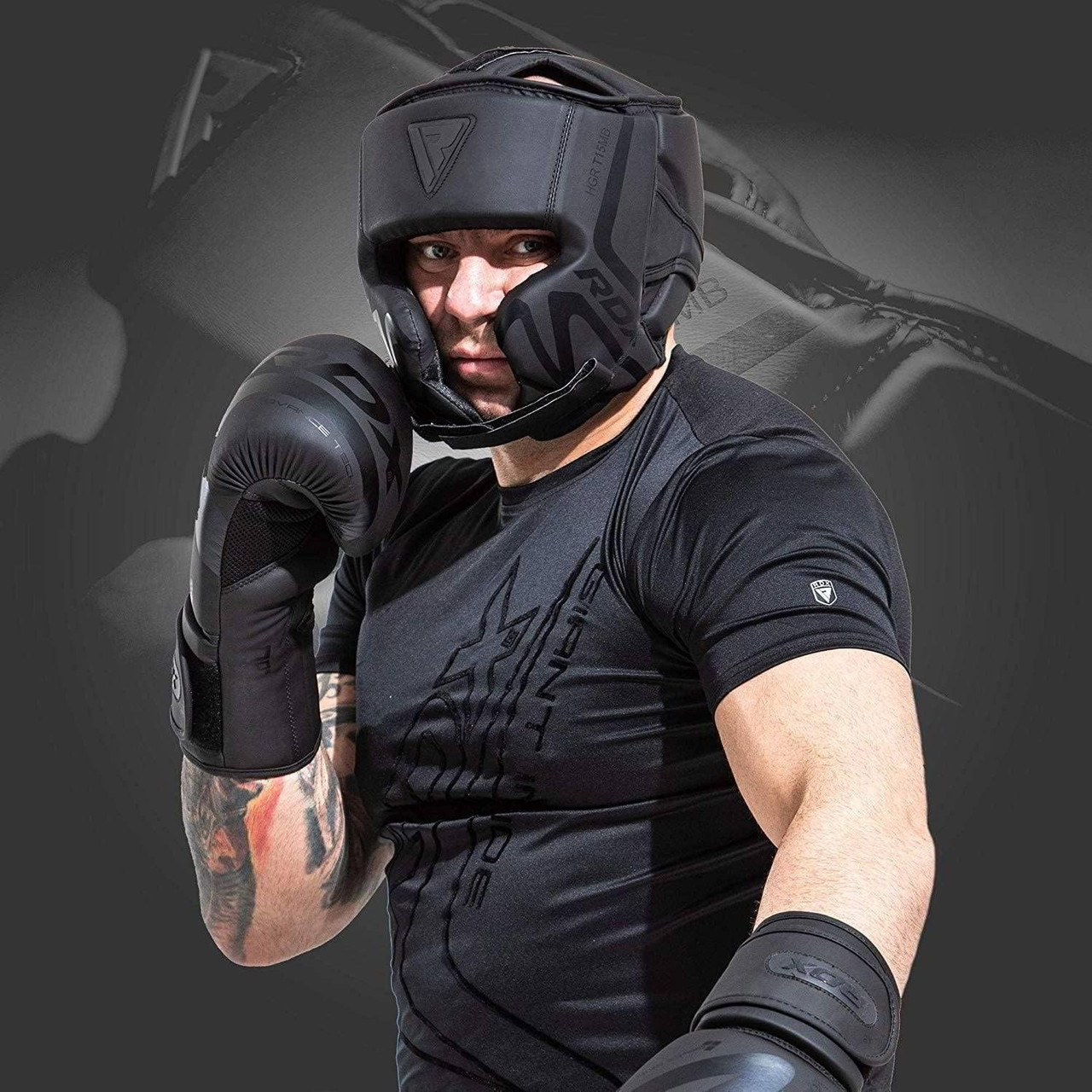 Боксерський шолом RDX T15 Noir Cheek Protector Matte Black  M (капа у комплекті)