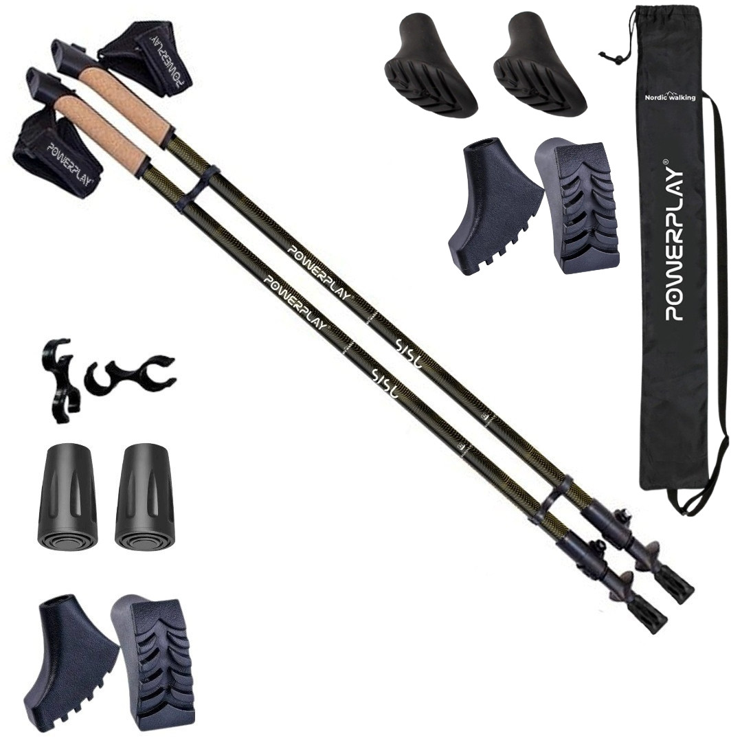 Палиці для скандинавської ходьби PowerPlay 9108 Sisu Black/Gold 80-135 см (пара) + 2-ві пари чобітків + чохол