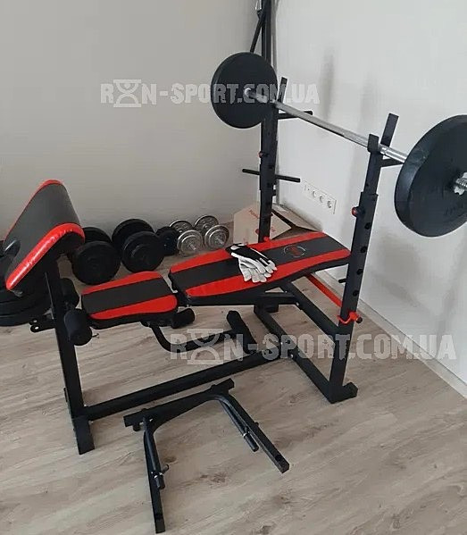 Лавка для жиму з верхньою тягою та тренажерами + штанга 75 кг RN-Sport