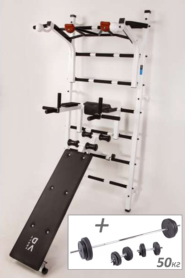 Шведська стінка RN-Sport Pro + Штанга та гантелі (50 кг)