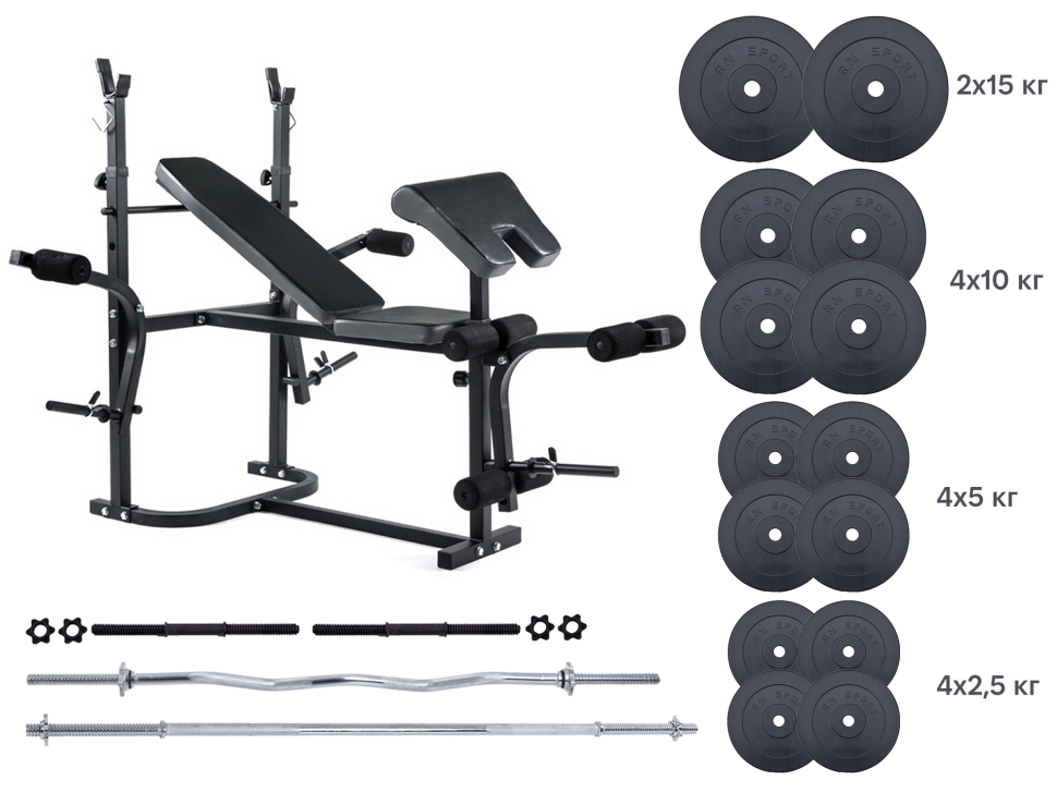 Лава для жиму REX 1020 + 4 грифи + 2х15 кг, 4x10 кг, 4x5 кг, 4x2,5 кг