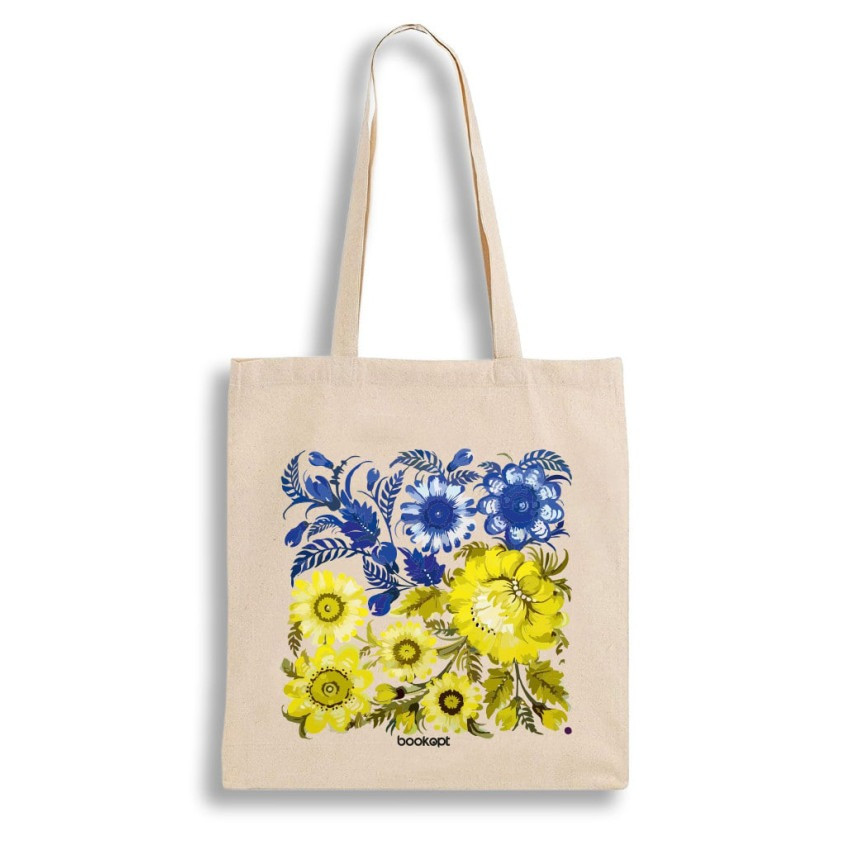 Екошопер BookOpt BK4004 Петриківський розпис Синьо-жовті квіти бежевий