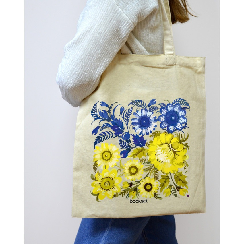 Екошопер BookOpt BK4004 Петриківський розпис Синьо-жовті квіти бежевий