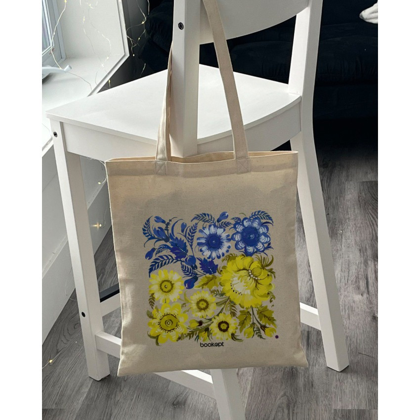 Екошопер BookOpt BK4004 Петриківський розпис Синьо-жовті квіти бежевий