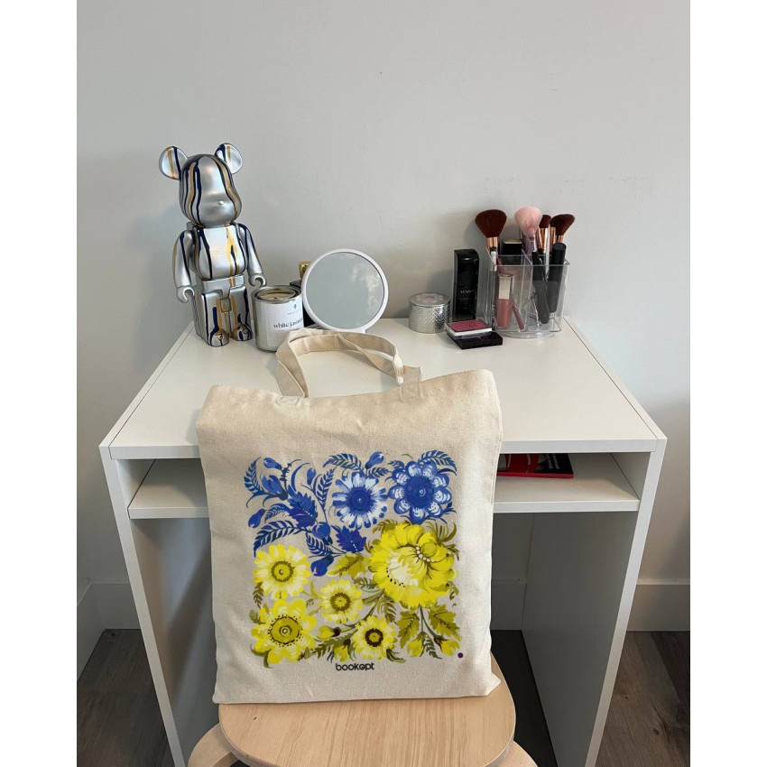 Екошопер BookOpt BK4004 Петриківський розпис Синьо-жовті квіти бежевий