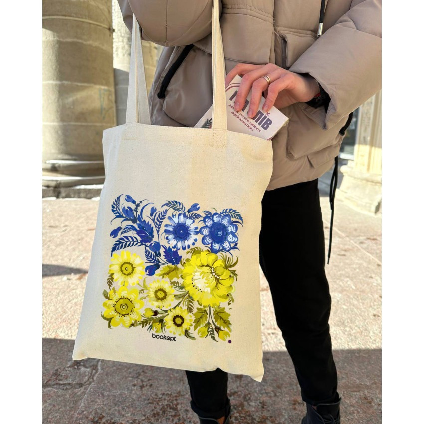 Екошопер BookOpt BK4004 Петриківський розпис Синьо-жовті квіти бежевий