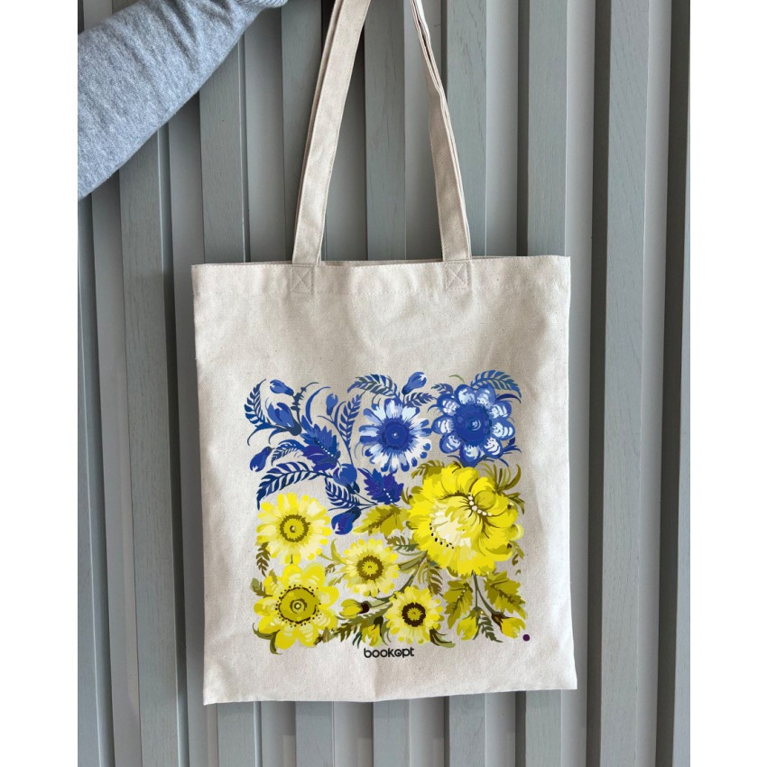 Екошопер BookOpt BK4004 Петриківський розпис Синьо-жовті квіти бежевий