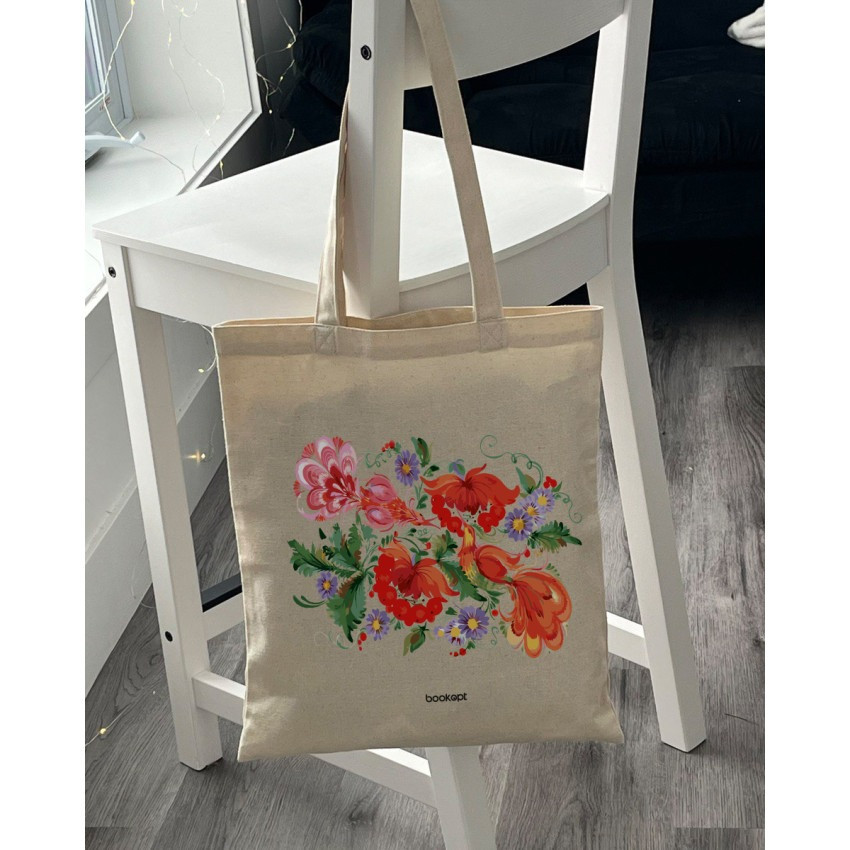 Екошопер BookOpt BK4002 Петриківський розпис Червоні квіти бежевий