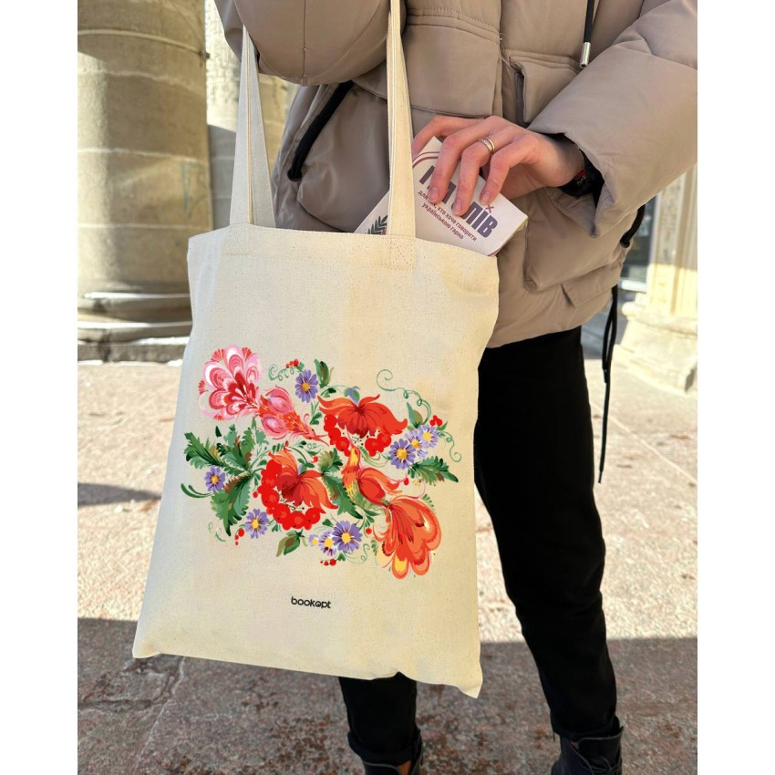 Екошопер BookOpt BK4002 Петриківський розпис Червоні квіти бежевий