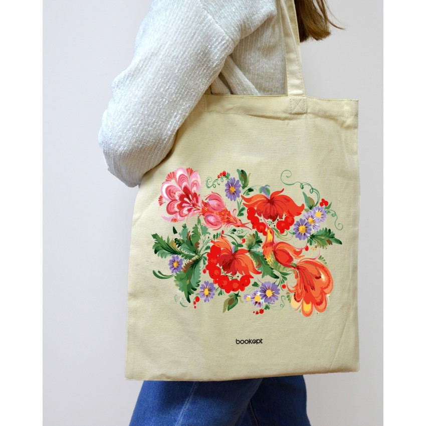 Екошопер BookOpt BK4002 Петриківський розпис Червоні квіти бежевий