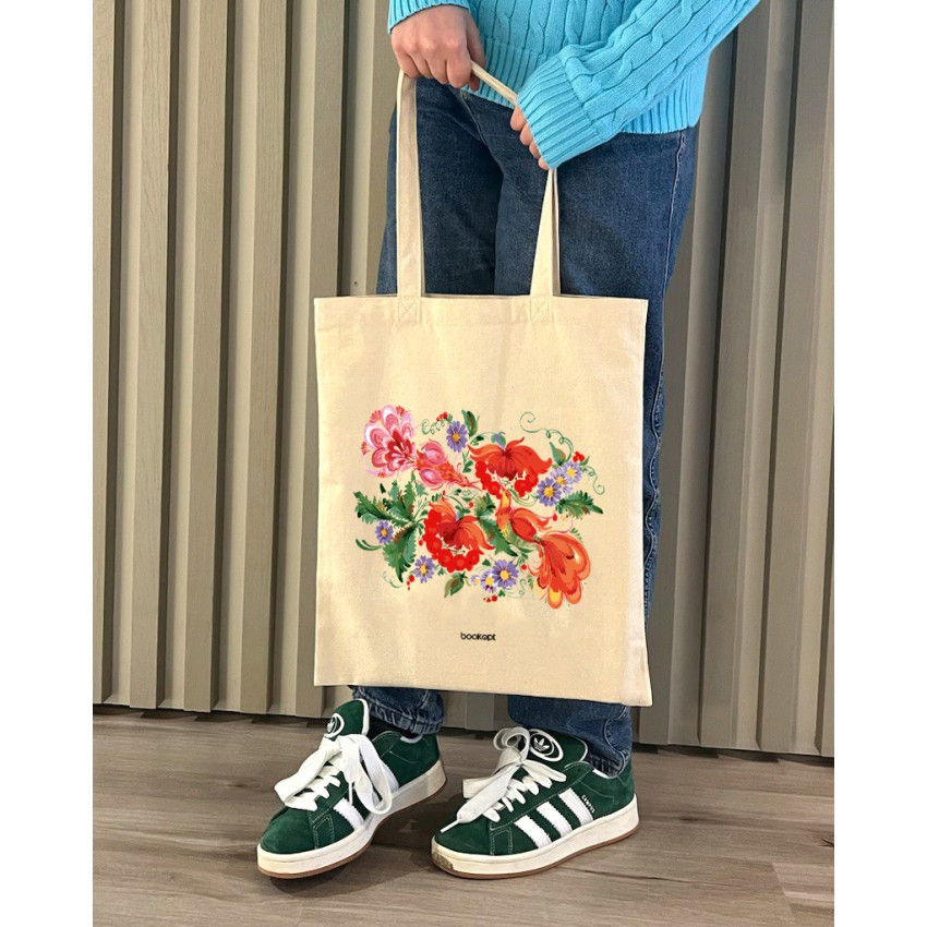 Екошопер BookOpt BK4002 Петриківський розпис Червоні квіти бежевий