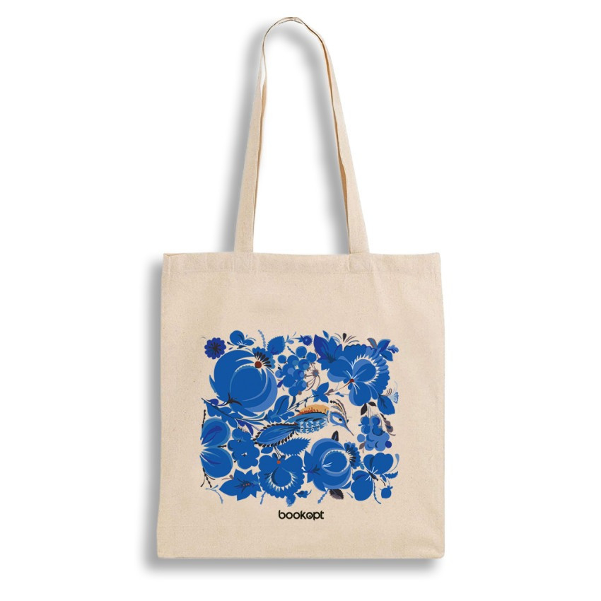 Екошопер BookOpt BK4001 Петриківський розпис Сині квіти бежевий
