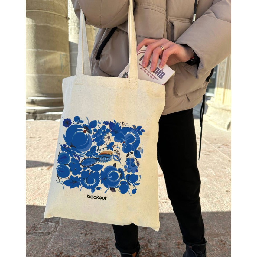 Екошопер BookOpt BK4001 Петриківський розпис Сині квіти бежевий
