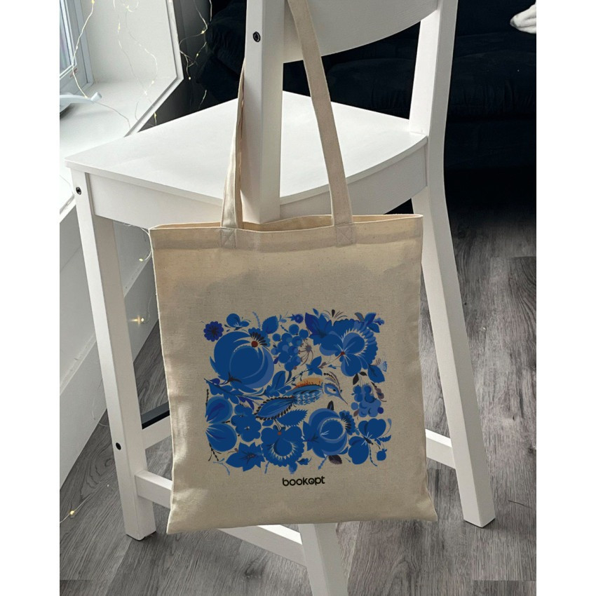 Екошопер BookOpt BK4001 Петриківський розпис Сині квіти бежевий