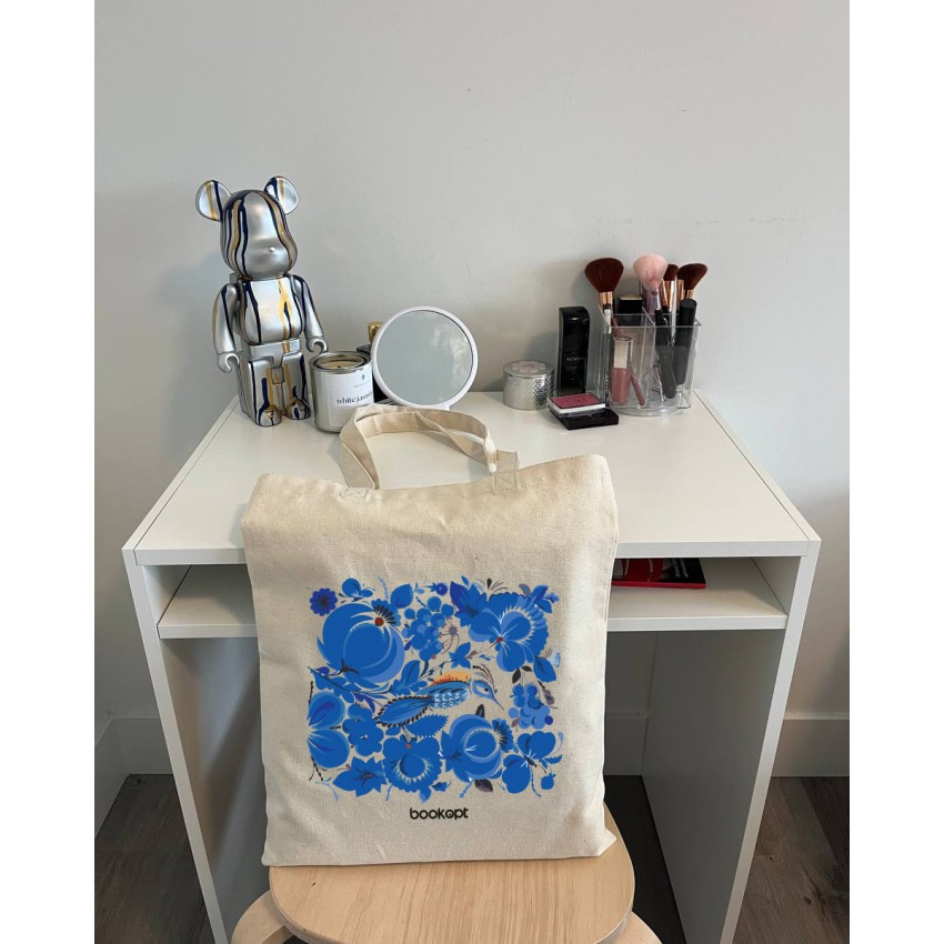 Екошопер BookOpt BK4001 Петриківський розпис Сині квіти бежевий