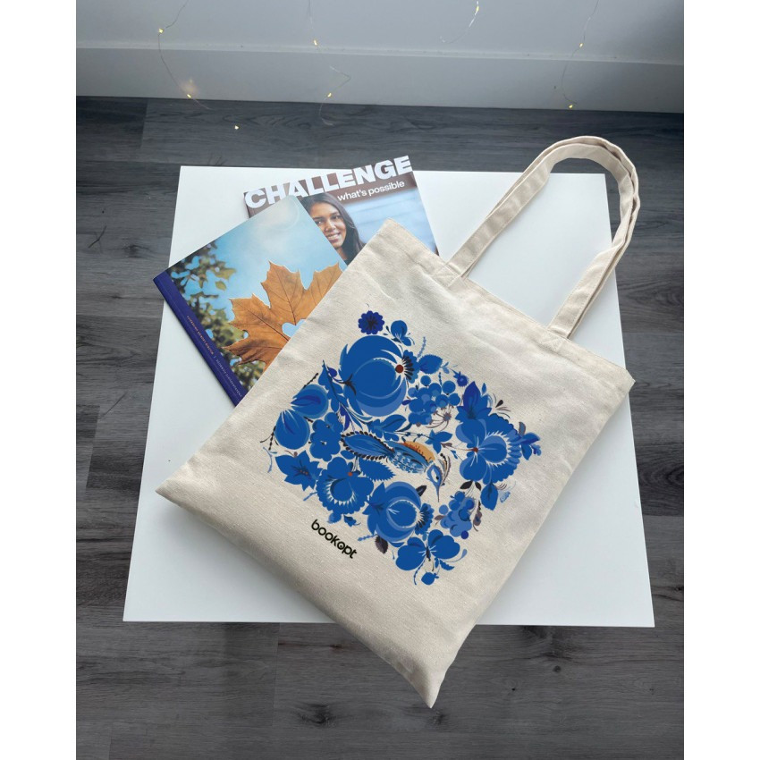 Екошопер BookOpt BK4001 Петриківський розпис Сині квіти бежевий