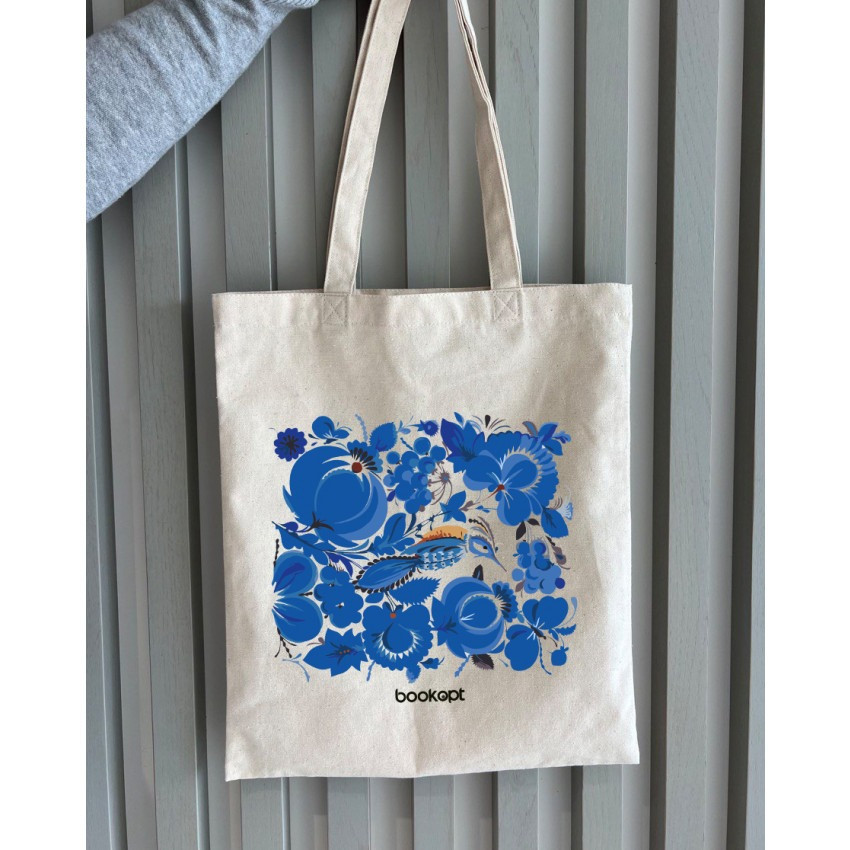 Екошопер BookOpt BK4001 Петриківський розпис Сині квіти бежевий