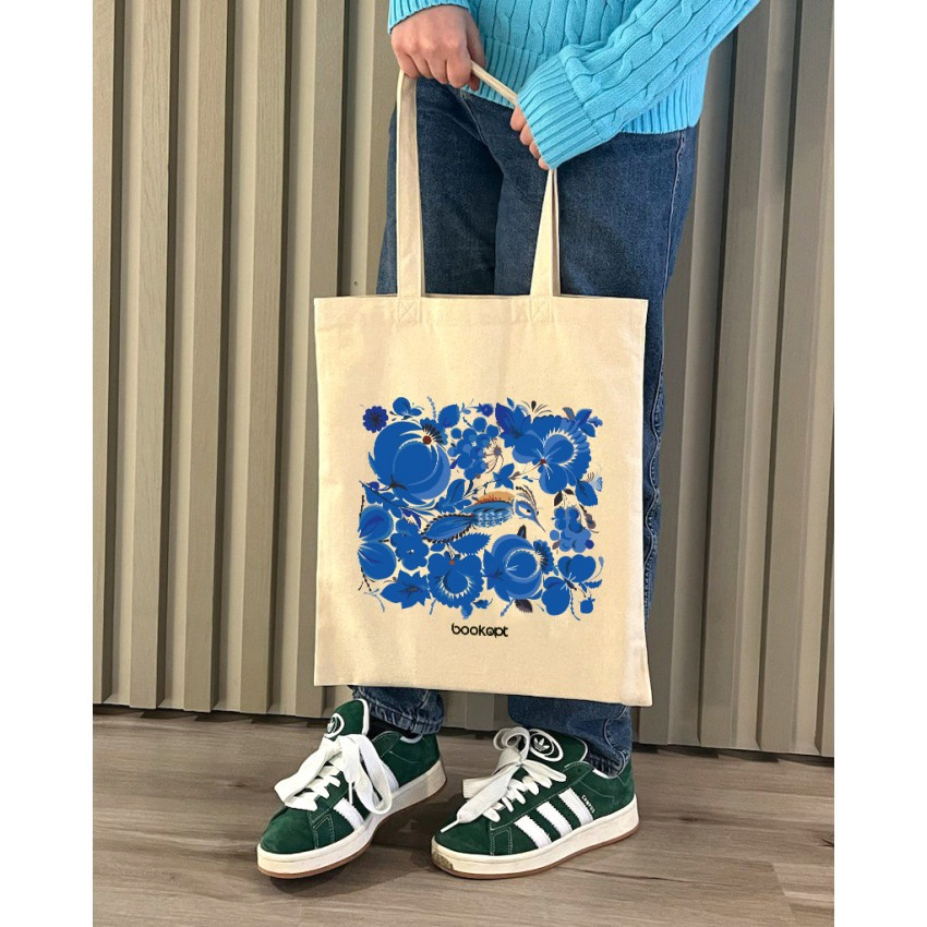 Екошопер BookOpt BK4001 Петриківський розпис Сині квіти бежевий