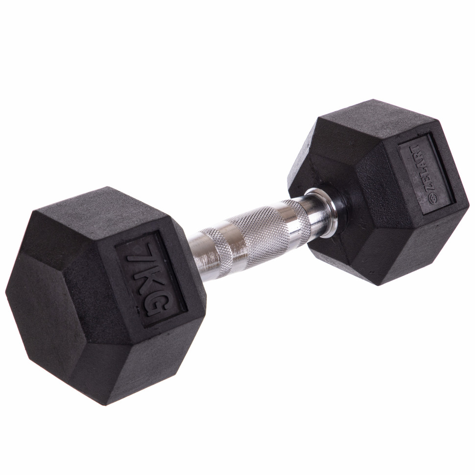 Гантель цельная шестигранная гексагональная обрезиненная 1штука Zelart TA-5159-7 (1x7кг) (сталь хромированная, резина, вес 7кг) 1